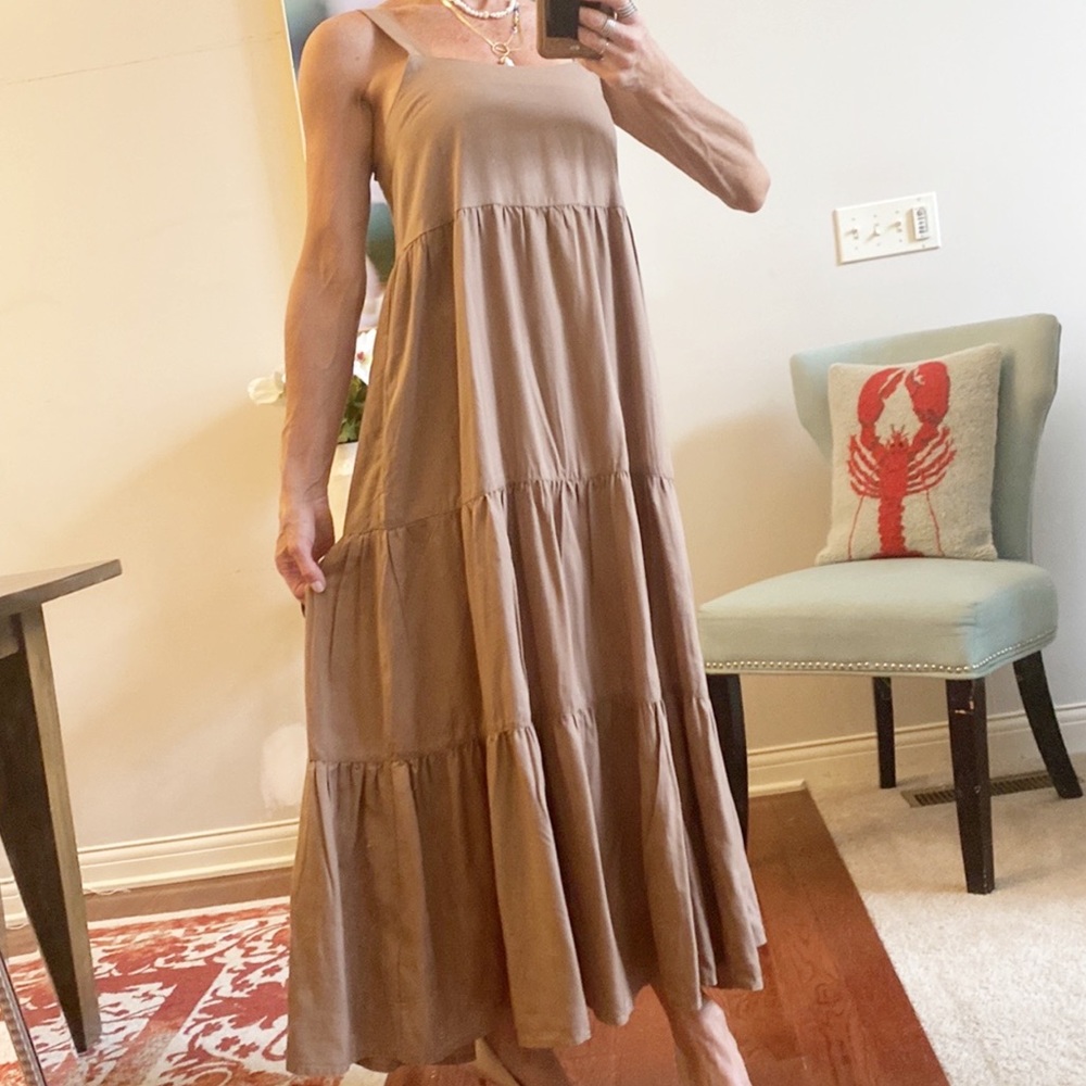 NEW The DROP Brown Tiered Pleated maxi dress casual adjustable women’s XS